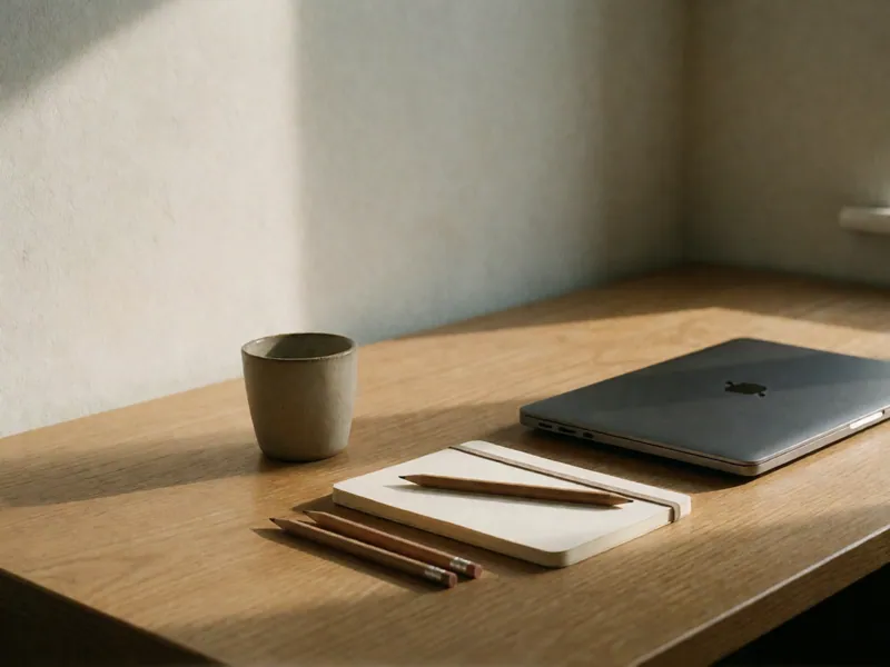 A quiet working corner with a closed laptop and a blank notebook