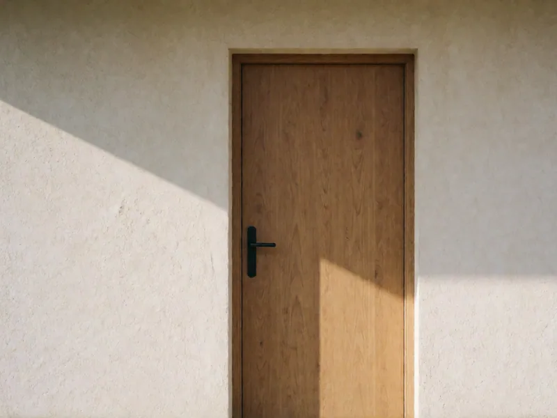 A plain closed door in an unbroken wall