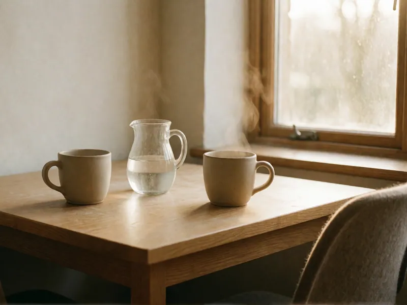 Two cups and a jug of water on a table by a window